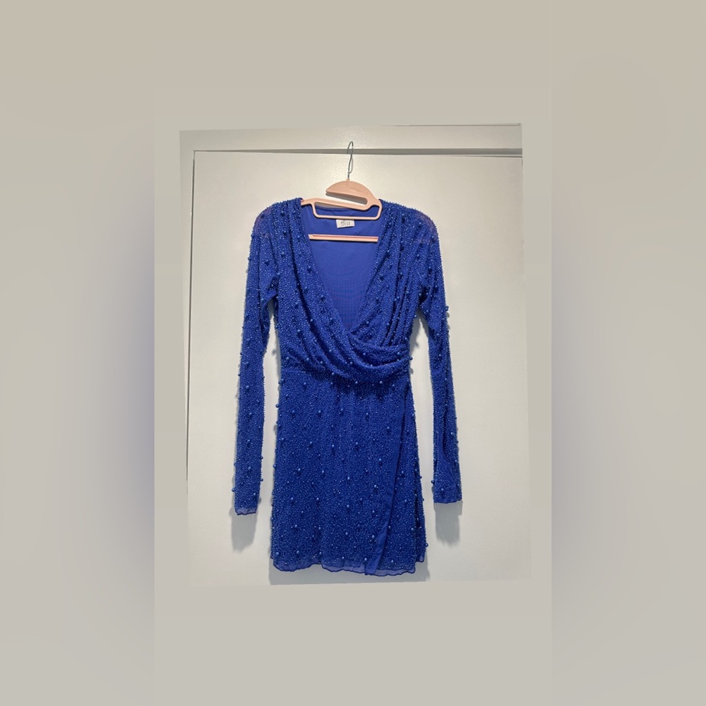 Dark blue embellished wrap over mini dress